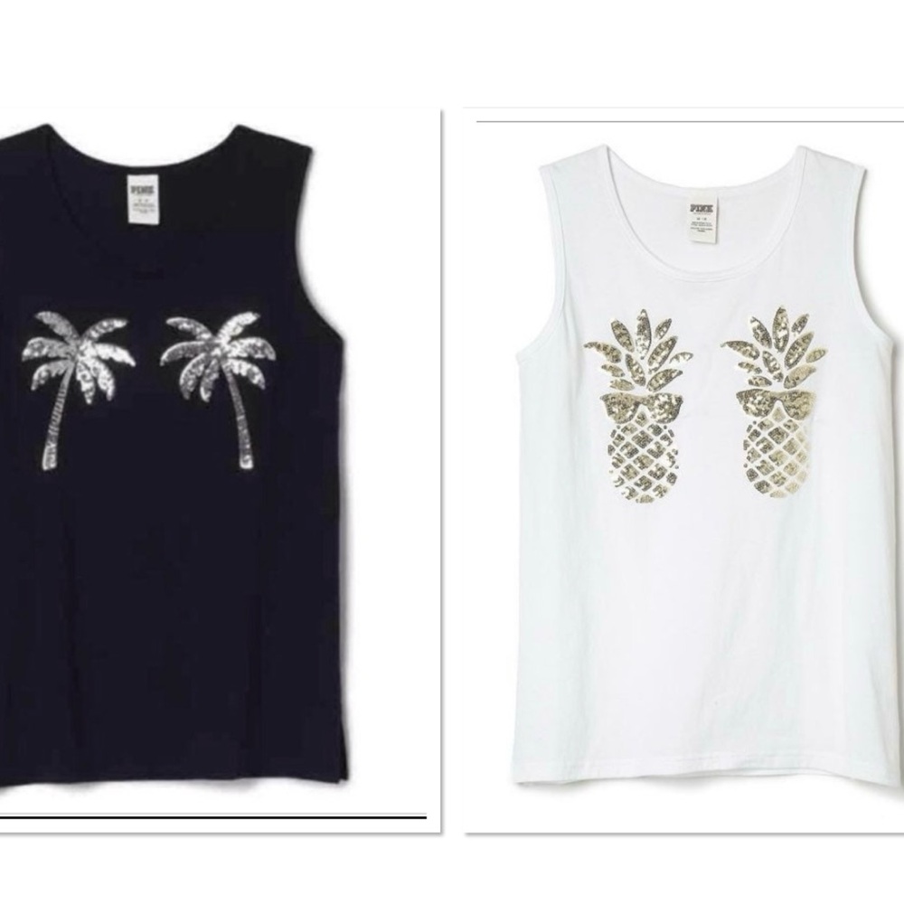 Vs Pink Sequin Pineapple & Palm Tree Tank Tops